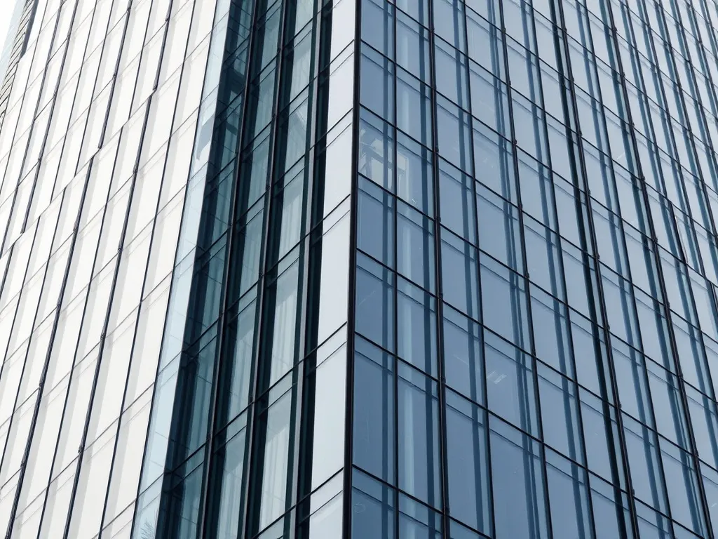 Close-up of a high-tech glass skyscraper facade with sharp r