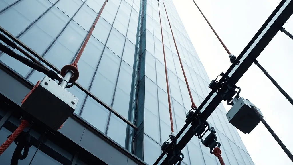 A technical industrial view of a glass skyscraper facade wit