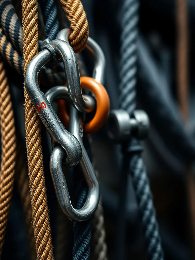 Close up of industrial climbing ropes, carabiners, and desce