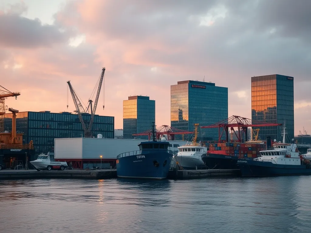 Industrial port of Szczecin with glass office buildings, wid